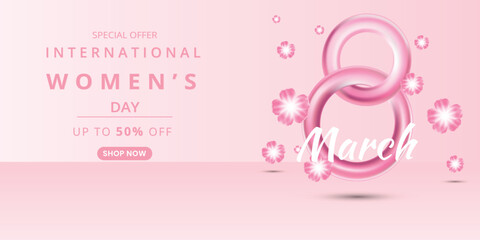 March 8 international women's day sale banner template with pink number eight vector 