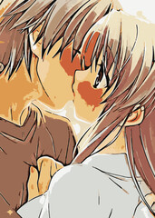 Anime Kiss Illustration Creative Poster Image, anime boy and girl kisses, cute kawaii anime manga style relationship and valentine in love