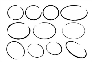 Set of circles. Geometric round. Collection of black sketch ring and oval shapes. Doodle cartoon