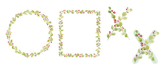 Watercolor floral letters, foliage alphabet, hand-drawn floral watercolor alphabet. Floral capital letter, logo design, monogram. Green leaves letters, greenery frame