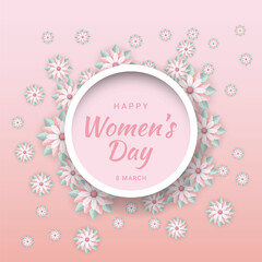 March 8 happy women's day floral greeting card on pink background vector illustration