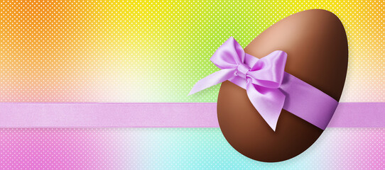 Happy Easter decoration chocolate egg with light purple shiny ribbon bow, isolated on colorful rainbow background. Template for label, gift greeting card, promo shopping banner or ticket sale price