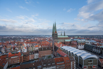 Fototapeta na wymiar Aerial view of Lubeck with St. Mary Church (Marienkirche) - Lubeck, Germany