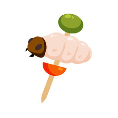 Edible larva. Eating caterpillar on skewer. Asian snack and street fast food. Source of insect protein.