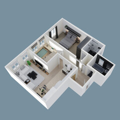 The floor plan top views a small apartment interior isolated on a pale background. 3D render