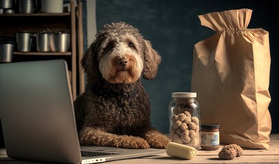 Labradoodle dog ordering online by internet for home delivery. Paws on laptop with a food shopping product selection. Concept for pets using technology, or animals imitating humans by ai generative