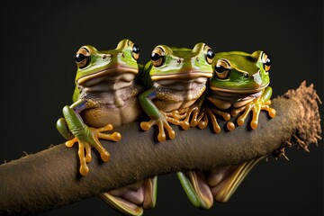 three smiling Javan tree frog  on branch, by ai generative