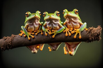 three smiling Javan tree frog  on branch, by ai generative