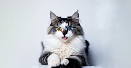 Funny large longhair gray kitten with beautiful  different color pupils  lying on white table. Lovely fluffy cat licking lips. Free space for text by ai generative 