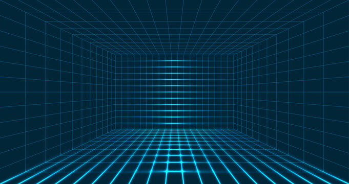 Wireframe room on blue background. Perspective grid