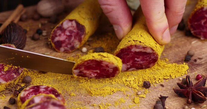 Slicing pork sausage marinated in a large amount of turmeric , dried meat with spices close - up
