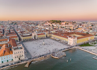 Fototapeta na wymiar Commerce Square in Lisbon, Portugal. Palace Yard, Royal Palace of Ribeira. Drone Point of View