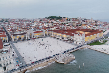 Fototapeta premium Commerce Square in Lisbon, Portugal. Palace Yard, Royal Palace of Ribeira. Drone Point of View