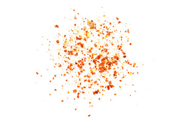 Red and yellow colored spice mix isolated on white background, top view. Heap of red pepper powder on white background. Cayenne pepper powder, top view. Mix of red and yellow spices on white.