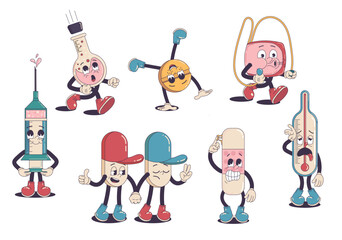 Cartoon medical characters. Funny medicines modern cartoon style with cute faces, hands and legs. Health care and diseases treatment concept. Pills, thermometer, drugs, patch, flask, tonometer. 