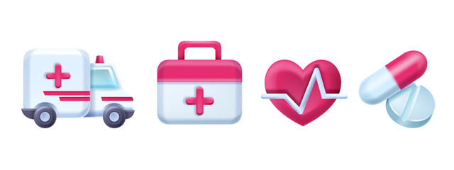 3D medic icon set, vector medical heart, pulse line, pharmacy hospital pictogram, ambulance car. Emergency help concept, treatment aid case, pills, remedy tablets, cardio sign. 3D medical object kit