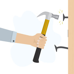 Skills level Improvement. Man uses hammer and hammering nails, learning skill. Way from beginner to experienced specialist. Successful education, training. Carpenter at work.