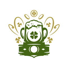 St Patrick's Day mug full foamy beer lucky clover coin financial prosperity vintage icon vector flat