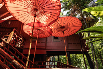 Exterior details of Jim Thompson house details and the garden in Bangkok, Thailand