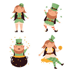 Set of cartoon leprechauns in traditional costumes and top hats