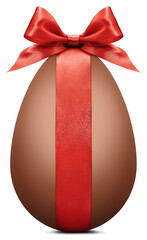 Happy Easter decoration chocolate egg with red shiny ribbon bow, isolated on transparent...