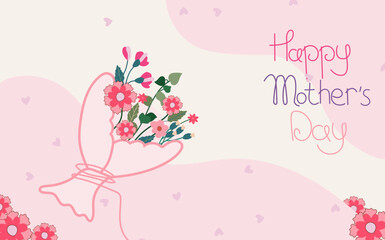 A bright postcard with a bouquet of spring flowers on a pink background. Mother's Day greeting card. Bright illustrations are suitable for banners, posters, cards. Vector graphics. 