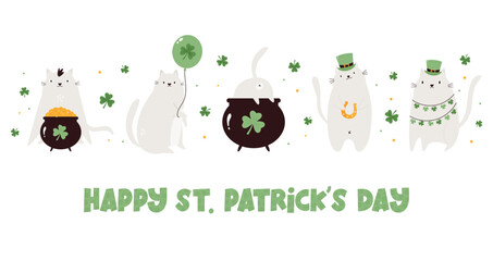 Set of cartoon leprechaun cats in top hats, with traditional holiday symbols. Funny Irish characters on white background