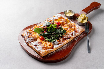 Korean food dishes vegetable pizza