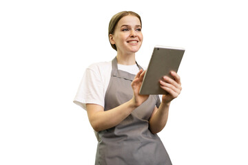 A woman using a tablet is an employee in uniform, isolated, transparent background.