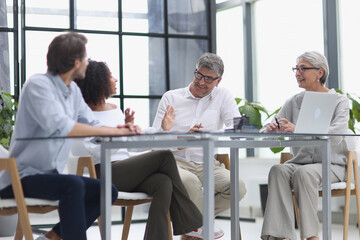 Serious team of professionals, business people negotiating in modern boardroom