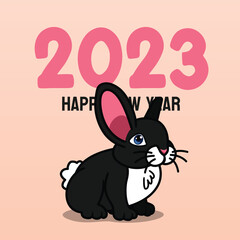 Illustration of a black rabbit standing on four legs. Lettering on the back 2023