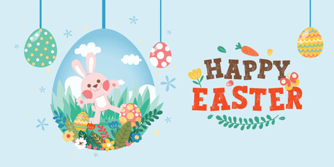 Fototapeta na wymiar Cute Rabbit Play In Garden In Easter Day, Vector, Illustration