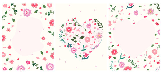 A card combo with bright field flowers and space for your text. Floral cards for celebrating birthdays, weddings, Mother's Day, spring, etc. Vector illustration. 