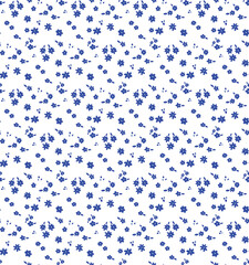 Seamless liberty pattern small blue colored flowers. Minimalist, simple, monochrome. Ideal for printing on fabric, objects, wallpaper or digital use. Vector illustration.
