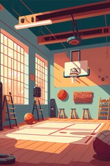 illustration cartoon,gym with sports equipment,generative AI