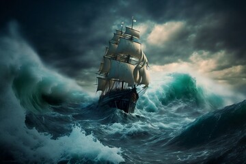 Ancien voilier pris dans une grosse tempête en plein mer - illustration ia - obrazy, fototapety, plakaty