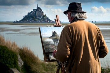 Obraz premium Artiste peintre en train de peindre le mont saint michel - illustration ia