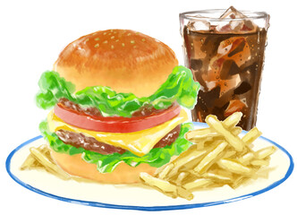 おいしそうなハンバーガーとポテトとコーラの水彩イラスト