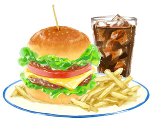 おいしそうなピックの刺さったハンバーガーとポテトとコーラの水彩イラスト(透過PNG)

