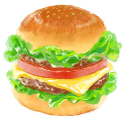おいしそうなハンバーガーの水彩イラスト(透過PNG)
