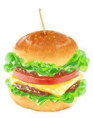 おいしそうなピックの刺さったハンバーガーの水彩イラスト
