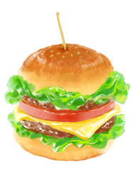 おいしそうなピックの刺さったハンバーガーの水彩イラスト(透過PNG)
