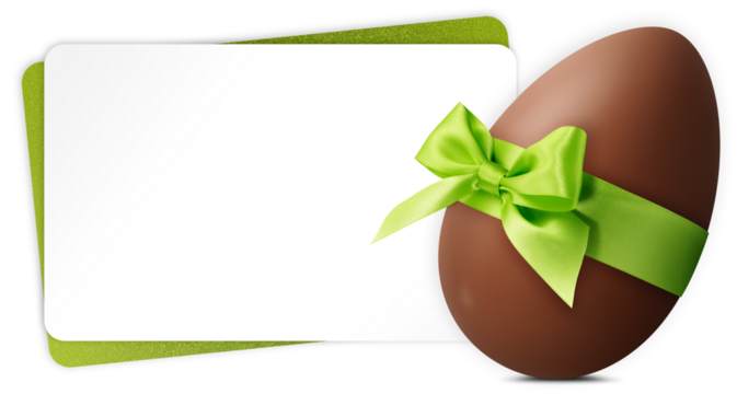 Happy Easter greeting gift card with chocolate egg decorated with green shiny ribbon bow. Copy space template for label, promotional shopping banner or ticket sale price