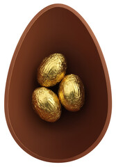 Happy Easter chocolate egg nest with golden wrapped little eggs inside. Isolated on transparent background. Template for label, promotional business banner or ticket sale price