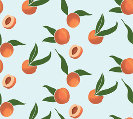 Seamless peach pattern on pastel blue background. Fruit, summer, vitamin inspiration. Ideal for printing on fabric, objects, wallpaper or digital use. Vector illustration.