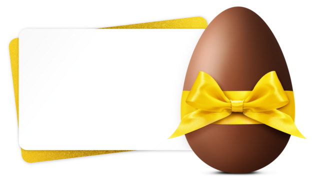 Happy Easter greeting gift card with chocolate egg decorated with golden shiny ribbon bow. copy space template for label, promotional shopping banner or ticket sale price