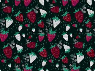 Seamless elegant botanical pattern with strawberries on a dark background. Berry print in a hand-drawn style. Strawberry berries pattern for fabrics, wallpapers, prints. Vector illustration.
