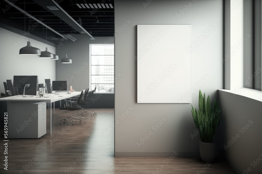 Aufkleber empty advertising billboard frame on wall in office lobby copy space for mock up design template. pe