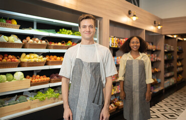 Portrait of people working, shopping in a supermarket or retail minimart shop and food on grocery products. Food shopping. People lifestyle. Business service.
