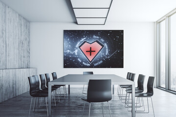 Creative abstract heart rate sketch on presentation monitor in a modern boardroom, Medicine and healthcare concept. 3D Rendering